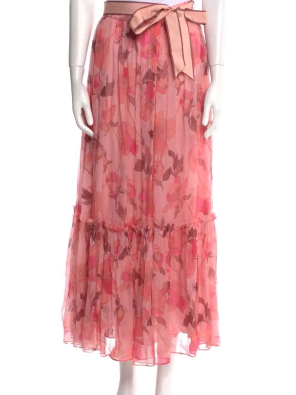 Zimmermann Pink Floral Tiered Maxi Skirt with Waist Bow